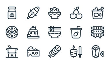 Gastronomi çizgisi simgeleri. Doğrusal küme. Burrito, jambon, fondü, kebap, peynir, pizza, yoğurt, kiraz, mısır gibi kalite vektör dizileri