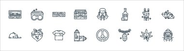 Hip hop çizgisi simgeleri. Doğrusal küme. Hip hop, kolye, sprey boya, kap, el, turntable, hip hop, ring gibi kalite vektör dizileri