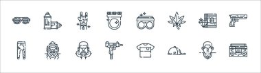 Hip hop çizgisi simgeleri. Doğrusal küme. Kaliteli vektör dizisi: boombox, cap, uzi, talim pantolonu, para, el, yüzük, sprey boya
