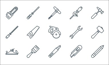 Marangozluk çizgisi simgeleri. Doğrusal küme. Kalem, işaret, tahta düzlem, kesici, boya fırçası, ahşap, anahtar, el matkabı, tornavida gibi kalite vektör çizgisi kümesi