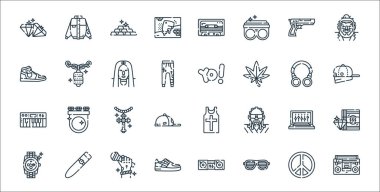 Hip hop çizgisi simgeleri. Doğrusal küme. Kaliteli vektör dizisi: boombox, eğlence gözlükleri, spor ayakkabıları, saat, dizüstü bilgisayar, kolye, şapka, hip hop, kolye