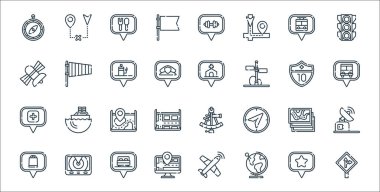 Navigasyon ve harita çizgi simgeleri. Doğrusal küme. Kaliteli vektör çizgisi: sağa dön, dünya, takip et, alışveriş merkezi, harita, harita, otobüs durağı, kilise, rüzgar yönü