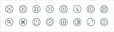 Kamera hattı simgeleri. Doğrusal küme. Kalite vektör çizgisi, ayarlama, kayıt, güzellik, ızgara, kamera, ekleme, çalma gibi