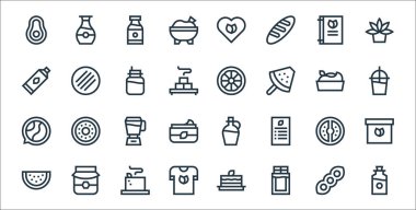 Vejetaryen çizgisi simgeleri. Doğrusal küme. Hindistan cevizi yağı, çikolata, tişört, karpuz, domates, karıştırıcı, smoothie, portakal, tofu burger gibi kalite vektör dizileri