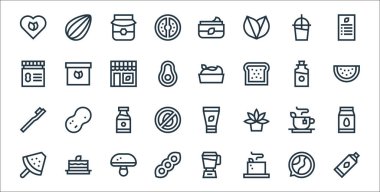 Vejetaryen çizgisi simgeleri. Doğrusal küme. Diş macunu, tofu, soya, karpuz, çay, soya sütü, karpuz, humus, kutu gibi kalite vektör dizileri