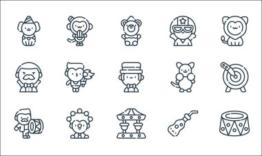 Sirk çizgisi simgeleri. Doğrusal küme. Platform, atlıkarınca, davul, soda, hokkabazlık, sihirbaz, kanguru, insan, maymun gibi kalite vektör çizgisi