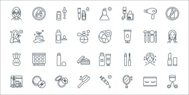 Güzellik kozmetik çizgisi simgeleri. Doğrusal küme. Kirpik bigudi, ayna, tarak, kozmetik, güzellik tedavisi, kapatıcı, cilt bakımı, dünyayı kurtarmak, organik ürün