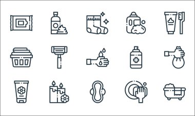 Hijyen rutin çizgi simgeleri. Doğrusal küme. Kaliteli vektör çizgisi küvet, hijyenik ped, krem, bulaşık tabağı, mum, havlu, sprey, deterjan, köpük gibi