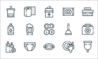 Hijyen rutin çizgi simgeleri. Doğrusal küme. Kaliteli vektör çizgisi seti örneğin regl fincanı, tıbbi maske, mumlar, bulaşık tabağı, iç çamaşırı, sprey, lavabo pompası, mendil, tuvalet kağıdı