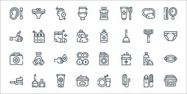 Hijyen rutin çizgi simgeleri. Doğrusal küme. Havlu, tampon, bıyık kremi, diş fırçası, köpük, el dezenfektanı, iç çamaşırı, sprey, manikür gibi kalite vektör dizileri