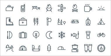 Kamp çizgisi simgeleri. Doğrusal küme. Pusula, soba, ağaç, nehir, meşale, ağaç, çadır, tepe, tıbbi malzeme seti gibi kalite vektör çizgisi