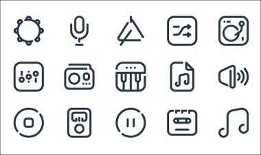 ses çizgisi simgeleri. Doğrusal küme. Müzik notası, duraklat, dur, kaset, ayar, müzik, karıştırma, mikrofon gibi kalite vektör satırı kümesi