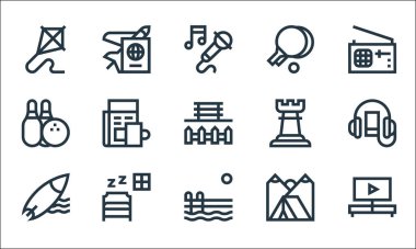 hobiler çizgisi simgeleri. Doğrusal küme. TV, yüzme havuzu, sörf, kamp çadırı, uyku, bowling, satranç, seyahat gibi kalite vektör dizileri