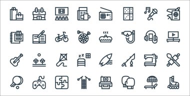 hobiler çizgisi simgeleri. Doğrusal küme. Kaykay, spor, örgü, dikiş makinesi, uçurtma, televizyon izlemek, pasta, yazmak gibi kalite vektör dizileri