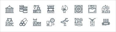Sanayi işlem çizgisi simgeleri. Doğrusal küme. Taşıyıcı, kask, teslimat, robotik kol, d yazıcı, makine, anahtar, yağ varili gibi kalite vektör dizileri