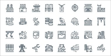 Sanayi işlem çizgisi simgeleri. Doğrusal küme. Fabrika, teslimat kamyonu, kutular, sunucular, ürün de, koruma maskesi, vinç, testere makinesi, taşıyıcı gibi kalite vektör dizileri