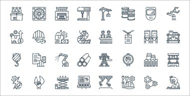 Sanayi işlem çizgisi simgeleri. Doğrusal küme. Testere, kask, kontrol paneli, yenilenebilir enerji, fabrika, robotik kol, kutular, imalat, koruma gibi kalite vektör dizileri