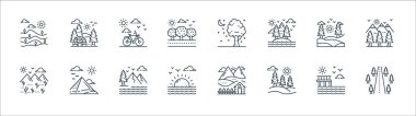 Doğa ve peyzaj çizgisi simgeleri. Doğrusal küme. Yol, orman, gündoğumu, çöl, manzara, döngü, ağaç, köy gibi kalite vektör çizgisi