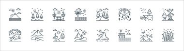 Doğa ve peyzaj çizgisi simgeleri. Doğrusal küme. Kamp çadırı, baraj, çöl, gökkuşağı, ağaç, bahçe, vadi gibi kalite vektör çizgisi
