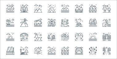 Doğa ve peyzaj çizgisi simgeleri. Doğrusal küme. Şehir manzarası, gökkuşağı, dağlar, fabrika, gün doğumu, çöl, manzara, sıcak hava balonu gibi kalite vektör çizgisi kümesi