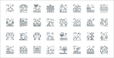 Doğa ve peyzaj çizgisi simgeleri. Doğrusal küme. Yol, sahil, dağlar, sahil, yel değirmeni, yol, manzara, ağaç, traktör gibi kalite vektör çizgisi