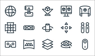 Sanal gerçeklik çizgisi simgeleri. Doğrusal küme. Kamera, d, karton, görüntü, sanal, panoramik görünüm, ekran, vr gibi kalite vektör çizgisi kümesi