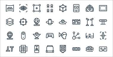 Sanal gerçeklik çizgisi simgeleri. Doğrusal küme. Karton, vr gözlük, platform, kontrolör, vr gözlük, d hologram, vr kamera gibi kalite vektör çizgisi kümesi, ,