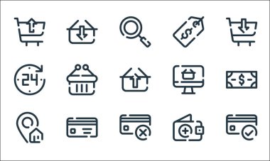 Alışveriş çizgisi simgeleri. Doğrusal küme. Doğrulanmış, silinmiş, yakındaki, cüzdan, cit kartı, viski, monitör, etiket, ekleme gibi kalite vektör dizisi