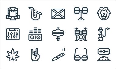 reggae çizgisi simgeleri. Doğrusal küme. Kokain, puro, marihuana, gözlük, kaya, dengeleyici, davul seti, bongo, saksafon gibi kalite vektör dizileri