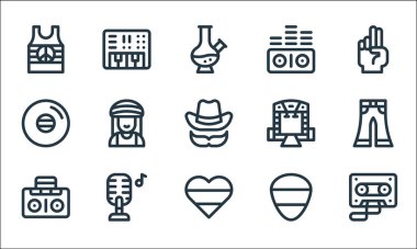 reggae çizgisi simgeleri. Doğrusal küme. Kaset, Jamaika, teyp, teyp, gitar penası, mikrofon, vinil, sahne, ses dalgaları, sentezleyici gibi kalite vektör dizileri