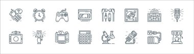 Teknoloji cihazları çizgi simgeleri. Doğrusal küme. Kahve makinesi, müzik çalar, hesap makinesi, grafik tableti, müzik eşitleyicisi, oyun platformu, el bilgisayarı, alarmlı saat gibi kalite vektör dizisi