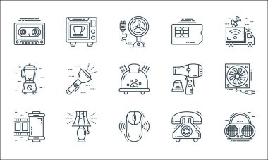 Teknoloji cihazları çizgi simgeleri. Doğrusal küme. Klasik radyo, fare, film makarası, telefon, yatak odası lambası, blender, saç kurutma makinesi, simkart, mikrodalga fırın gibi kalite vektör dizileri