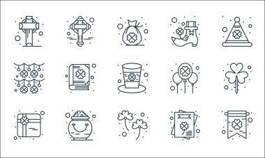 Aziz Patrick çizgisi simgeleri. Doğrusal küme. Aziz Patrick, yonca, hediye, davetiye, altın kap, çelenk, balon, bot, çapraz