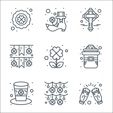 Aziz Patrick çizgisi simgeleri. Doğrusal küme. Kutlama, çelenk, şapka, yonca yaprağı, festival, haç, çizme gibi kalite vektör dizileri