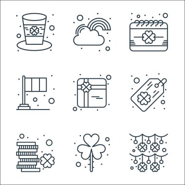 Aziz Patrick çizgisi simgeleri. Doğrusal küme. çelenk, yonca, bozuk para, etiket, hediye, bayrak, takvim, bulut gibi kalite vektör çizgisi