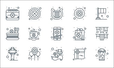 Aziz Patrick çizgisi simgeleri. Doğrusal küme. Bira, bot, haç, hediye, balon, pasta, çanta, yonca yaprağı, İrlanda gibi kalite vektör dizileri