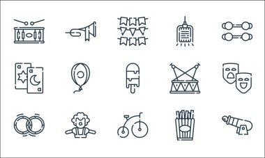 Sirk çizgisi simgeleri. Doğrusal küme. İnsan güllesi, bisiklet, patates kızartması, palyaço, tarot kartı, sahne, mikrofon, trompet gibi kalite vektör dizileri