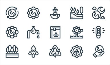 Toprak Ana çizgi simgeleri. Doğrusal küme. Gezegeni kurtarmak, geri dönüşüm, orman, sürdürülebilir su, çiçek, hidroelektrik, ağaç, dişli gibi kalite vektör dizileri