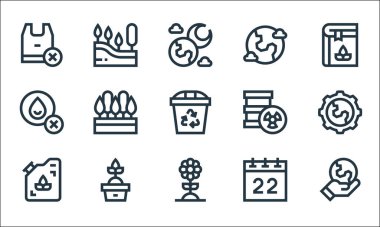 Toprak Ana çizgi simgeleri. Doğrusal küme. Gezegeni, çiçeği, ekolojik yakıtı, takvimi, bitkiyi, petrolü, radyoaktifi, yeri, ağacı kurtarmak gibi kalite vektör çizgisi