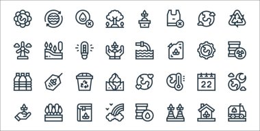 Toprak Ana çizgi simgeleri. Doğrusal küme. Geri dönüşüm kamyonu, eko fabrikası, gökkuşağı, ekoloji, takvim, geri dönüşüm kutusu, radyoaktif, kirlilik, ağaç