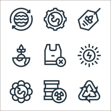 Toprak Ana çizgi simgeleri. Doğrusal küme. Geri dönüşüm, radyoaktif, çiçek, güneş enerjisi gibi kalite vektör çizgisi seti, plastik torba yok, dünyayı kurtar, eko etiketi, vites