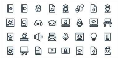 çevrimiçi öğrenme satırı simgeleri. Doğrusal küme. Dinleme, tablet, video eğitimi, video çağrısı, ışık, hoparlör, masaüstü, kimya, sohbet gibi kalite vektör dizileri