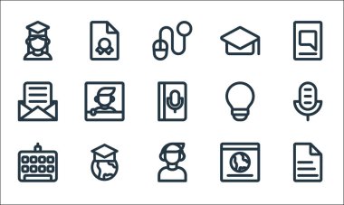 çevrimiçi öğrenme satırı simgeleri. Doğrusal küme. Dosya, dinleme, klavye, web sitesi, çevrimiçi öğrenme, e-posta, ışık, havan topu, rapor gibi kalite vektör dizisi