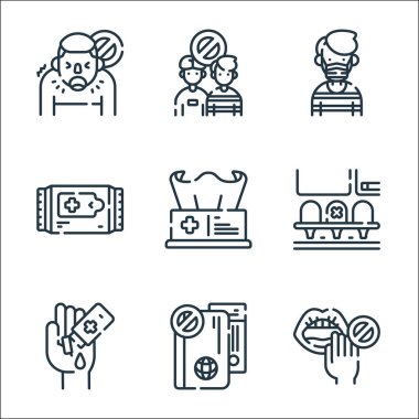 Koronavirüs önleme çizgisi simgeleri. Doğrusal küme. Dokunmayanlar, seyahat etmeyenler, el dezenfektanı, sosyal, temiz, ıslak, tıbbi maske, sosyal...