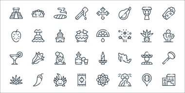 Meksika hattı ikonları. Doğrusal küme. Geleneksel, popocatepelt, halı, başlık, mariachi, Meksikalı kadın, kaktüs, kireç, elbise gibi kalite vektör dizileri