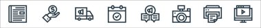 Reklam çizgisi simgeleri. Doğrusal küme. Çevrimiçi video, yazıcı, kamera, sohbet, olay, reklam, değer gibi kalite vektör dizisi