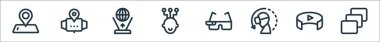 Sanal gerçeklik çizgisi simgeleri. Doğrusal küme. Derinlik algısı, dereceler, vr gözlükleri, vr gözlükleri, bağlantı, hologram, smartwatch gibi kalite vektör çizgisi