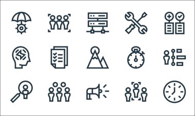 Yönetim çizgisi simgeleri. Doğrusal küme. Saat, megafon, arama, seçim, toplantı, enerji, kronometre, tamir, odaklanma gibi kalite vektör çizgisi