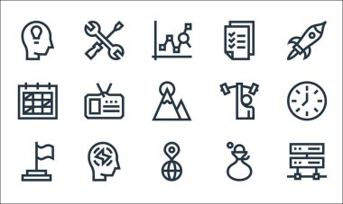 Yönetim çizgisi simgeleri. Doğrusal küme. Sunucu, dünya, bayrak, para çantası, enerji, takvim, halter, yapılacaklar listesi, onarım gibi kalite vektör dizileri