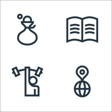 Yönetim çizgisi simgeleri. Doğrusal küme. Dünya, halter, açık kitap gibi kalite vektör çizgisi